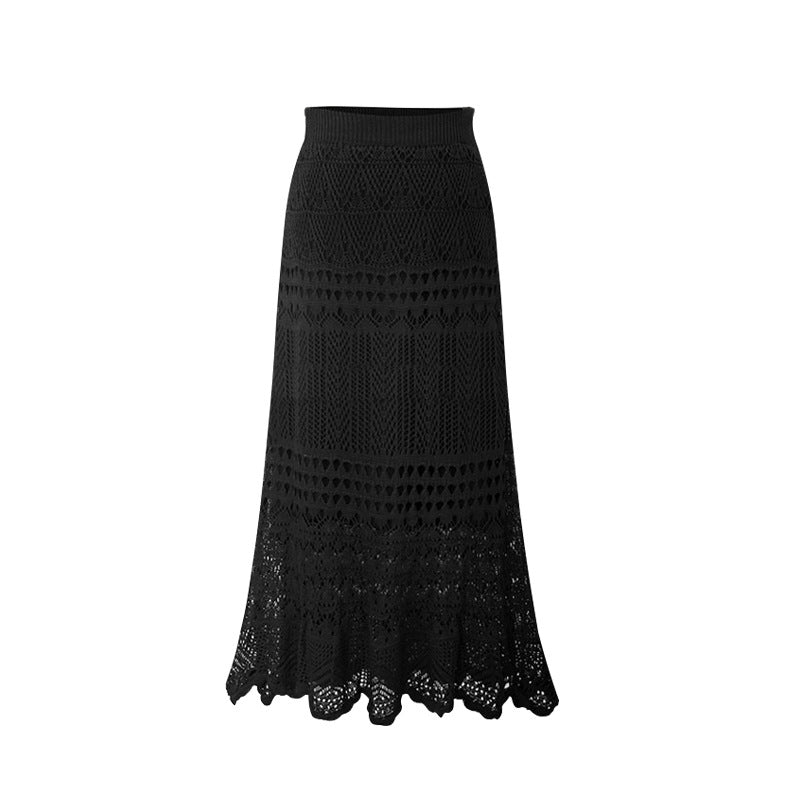 Women's High-Waisted Loose Fit Plus-Size Crochet Lace Knitted Midi Pencil Skirt