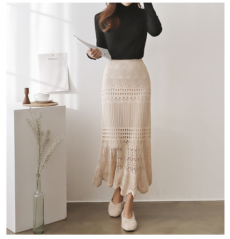 Women's High-Waisted Loose Fit Plus-Size Crochet Lace Knitted Midi Pencil Skirt