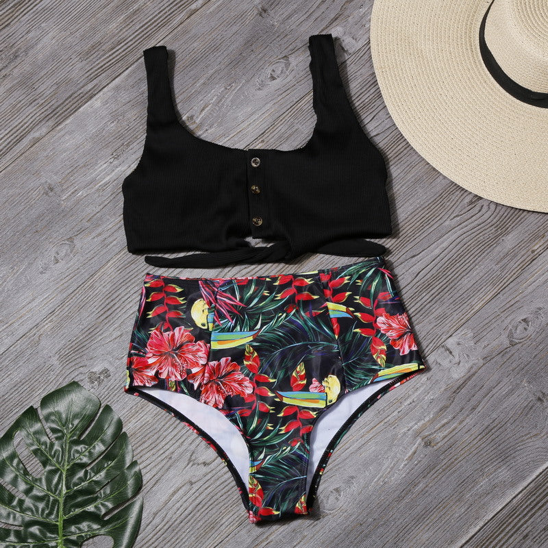 Sexy Women High Waist Leaf Print Two Pieces Swimsuits