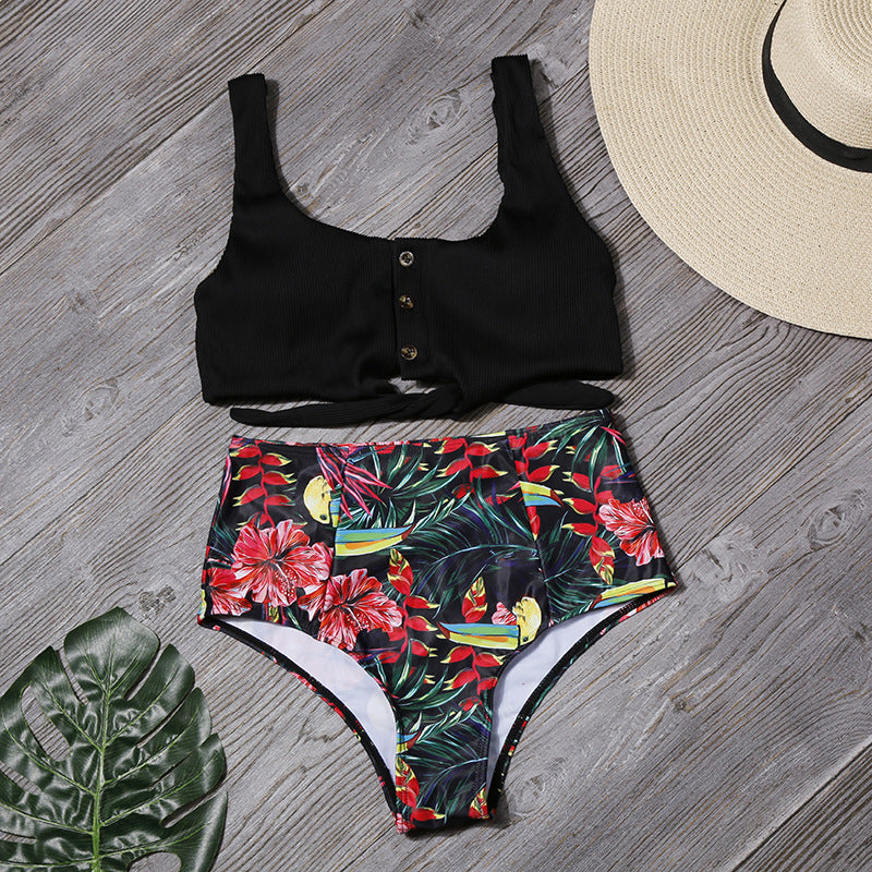 Sexy Women High Waist Leaf Print Two Pieces Swimsuits