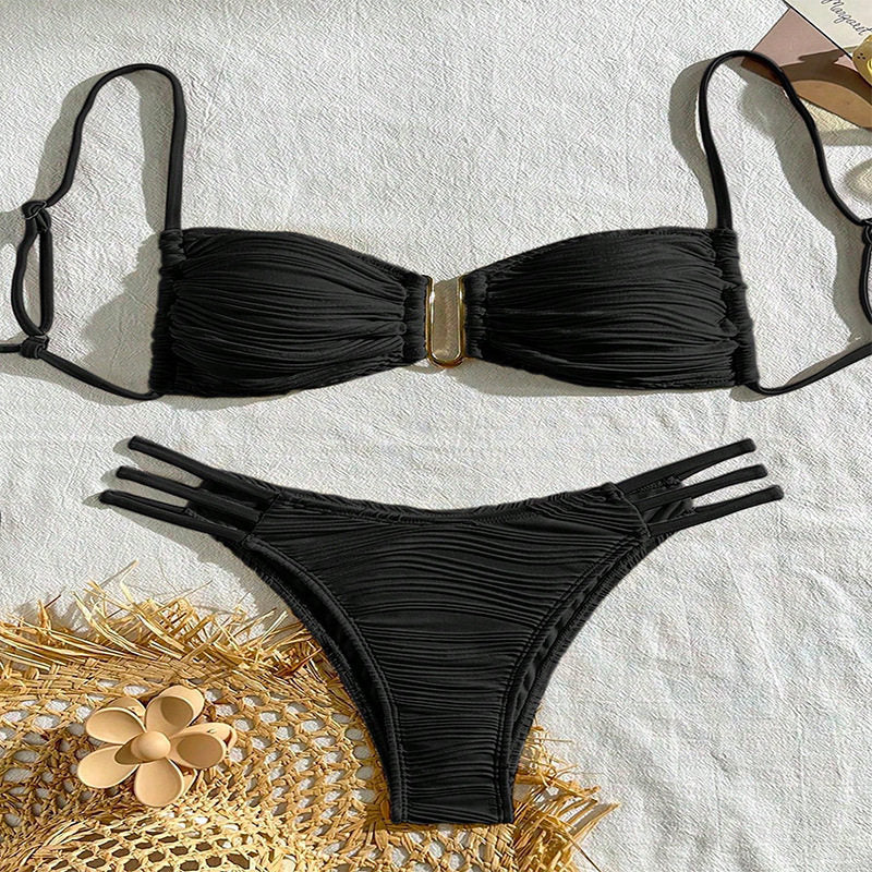 Bikini Swimsuit For Women, Two-Piece With Color Block And Ties