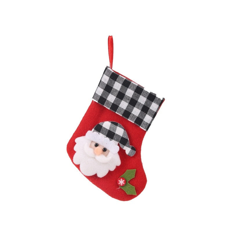 Black White Plaid Cute Cartoon Patchwork Christmas Sock Gift Bag