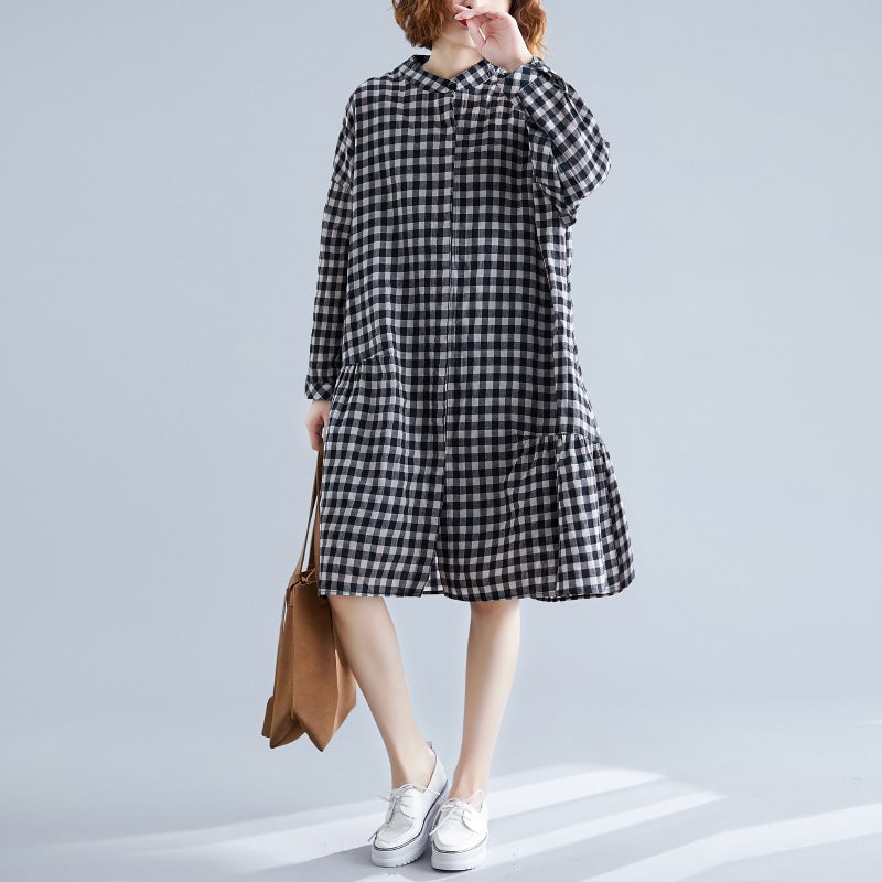 Casual Linen Plaid Plus Sizes Shirt Short Dresses-Dresses-Free Shipping at meselling99