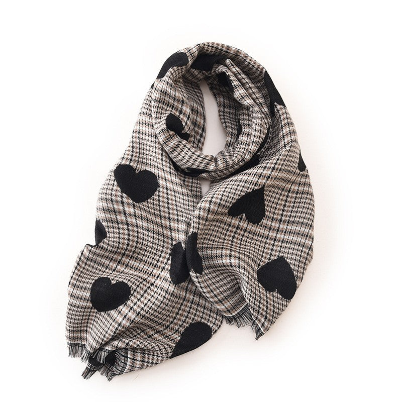 Heart Printed Plaid Tasseled Thick Warm Shawl Scarf