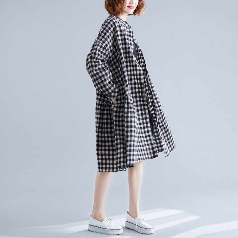 Casual Linen Plaid Plus Sizes Shirt Short Dresses-Dresses-Free Shipping at meselling99