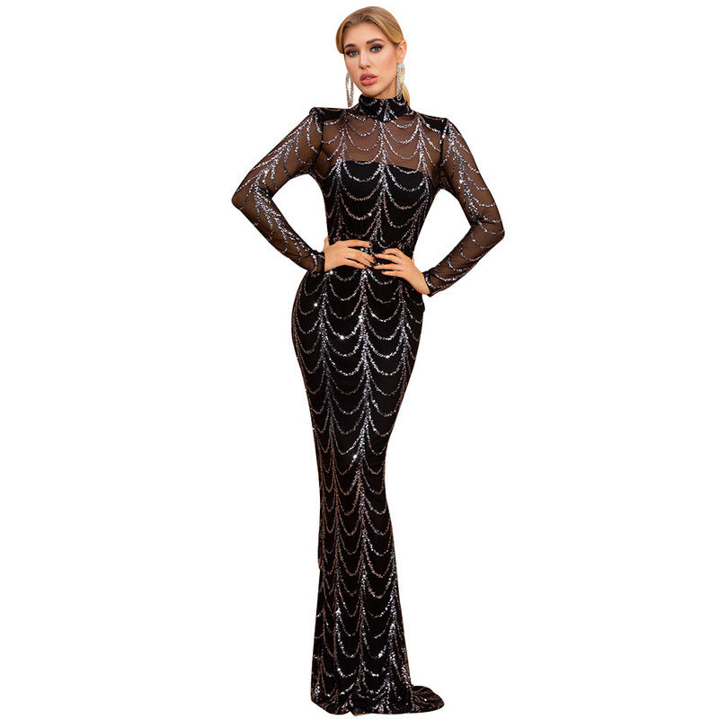 Sexy Black High Neck See Through Long Evening Dresses-Dresses-Free Shipping at meselling99