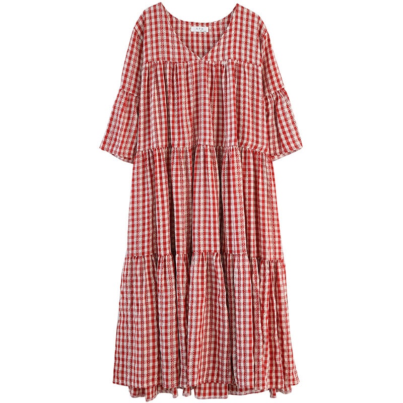 Red Plaid Plus Sizes Summer Midi Dresses-Dresses-Red-One Size-Free Shipping at meselling99