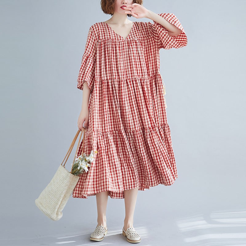 Red Plaid Plus Sizes Summer Midi Dresses-Dresses-Red-One Size-Free Shipping at meselling99