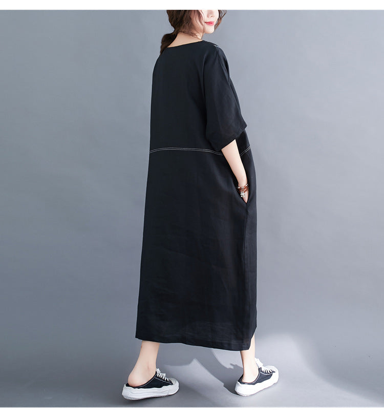 Summer Linen Plus Sizes Black Cozy Dresses-Dresses-Free Shipping at meselling99