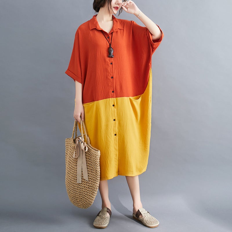 Summer Casual Linen Plus Sizes Midi Shirt Dresses-Dresses-Orange and Yellow-XL-Free Shipping at meselling99