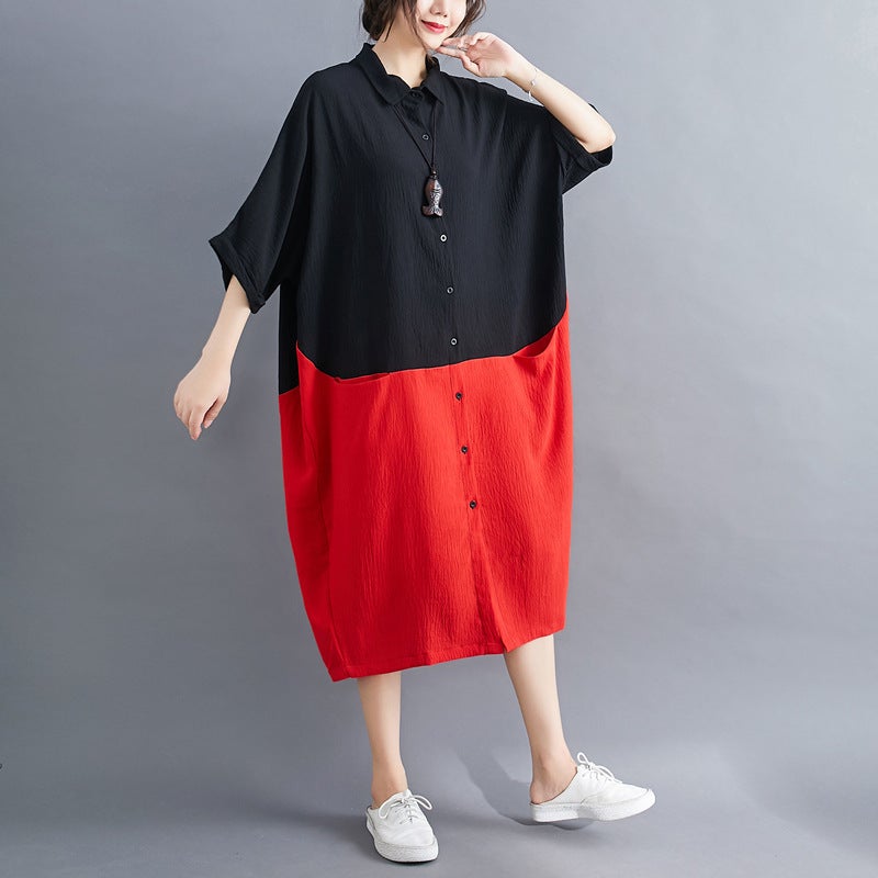 Summer Casual Linen Plus Sizes Midi Shirt Dresses-Dresses-Black and Red-XL-Free Shipping at meselling99