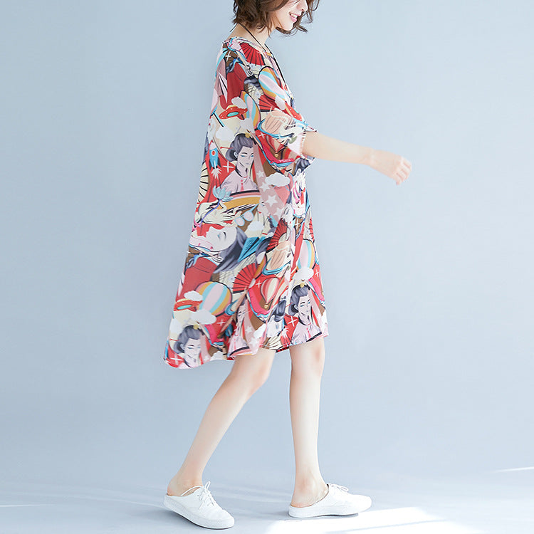 Summer 3D Face Print Chiffon Plus Sizes Short Dresses