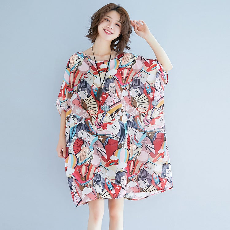 Summer 3D Face Print Chiffon Plus Sizes Short Dresses-Dresses-The same as picture-One Size-Free Shipping at meselling99