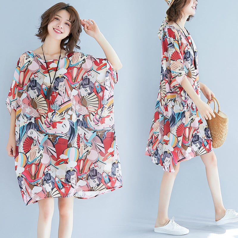 Summer 3D Face Print Chiffon Plus Sizes Short Dresses-Dresses-The same as picture-One Size-Free Shipping at meselling99