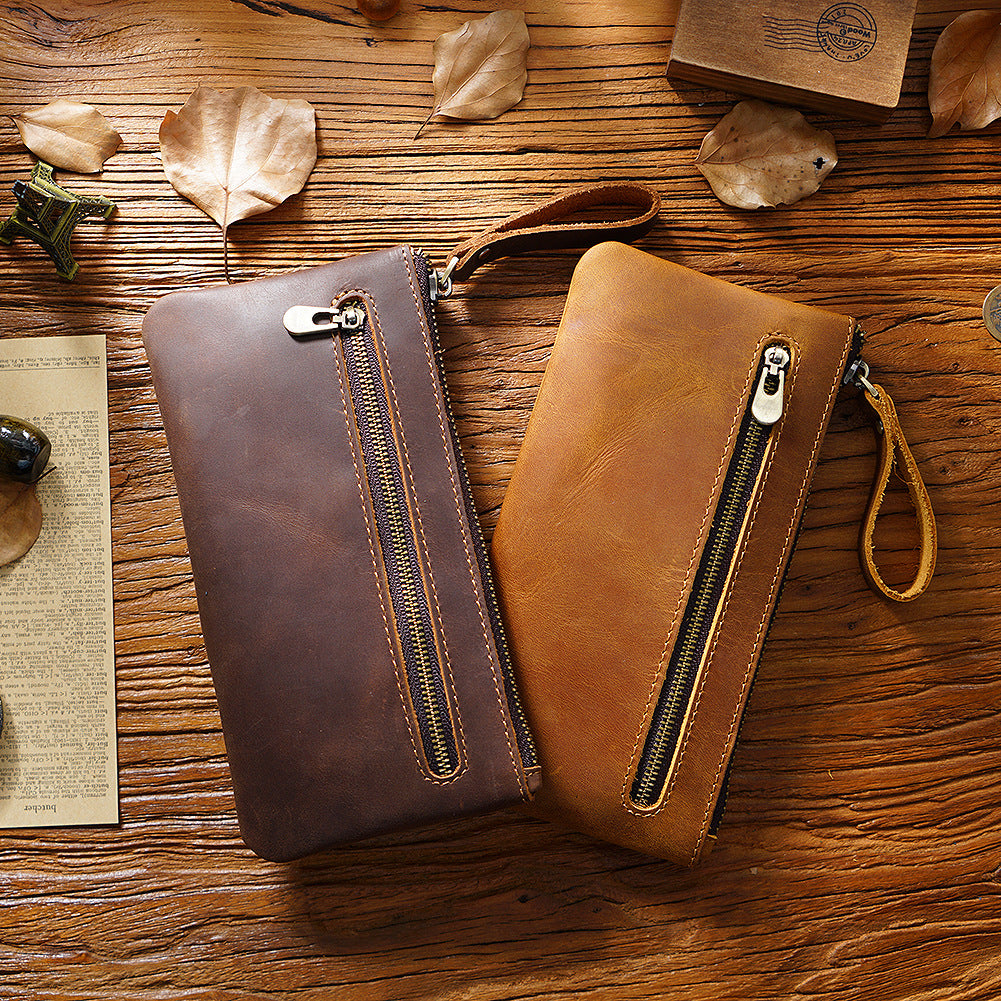 Retro Crazy Horse Leather Pencil Case - Creative Portable Hand Grip Buggy Bag