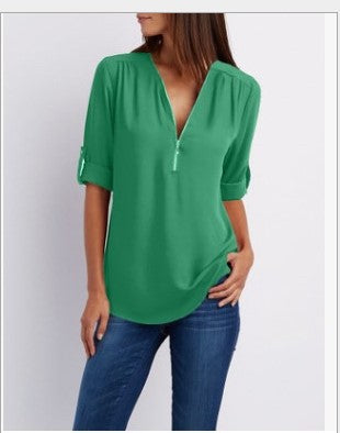 Plus-Size V-Neck Zip-Up Long Sleeve Chiffon Blouse