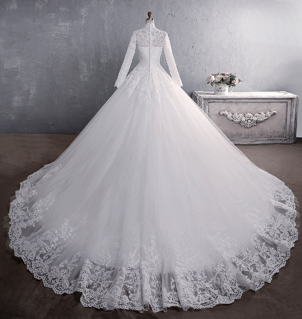 Elegant Long Sleeves Plus Sizes Muslim Brush Train Lace Wedding Dresses