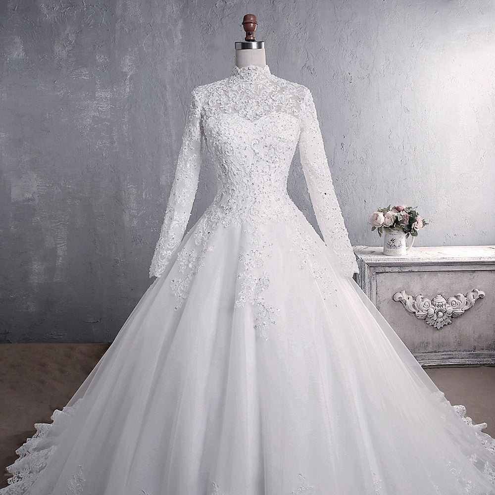 Elegant Long Sleeves Plus Sizes Muslim Brush Train Lace Wedding Dresses