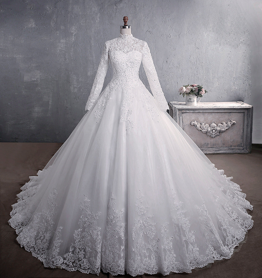 Elegant Long Sleeves Plus Sizes Muslim Brush Train Lace Wedding Dresses