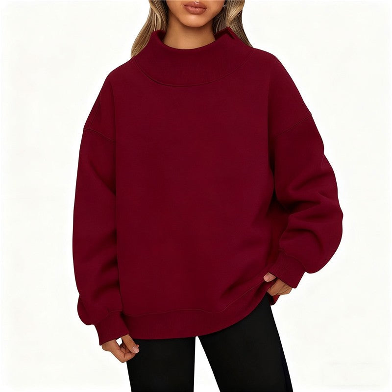 Solid Color High Neck Fleece/Non-Fleece Sweatshirt