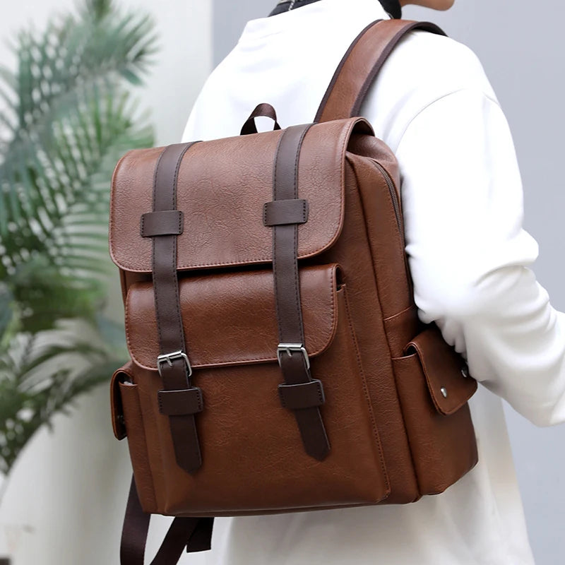 Stylish Men’s PU Leather Laptop Backpack – Large Capacity School & Travel Bag