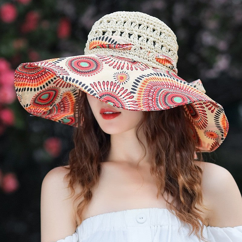 Sun Hat With Printed Patchwork Straw Design