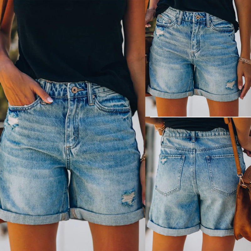 Women's Casual Distressed Washed Denim Shorts
