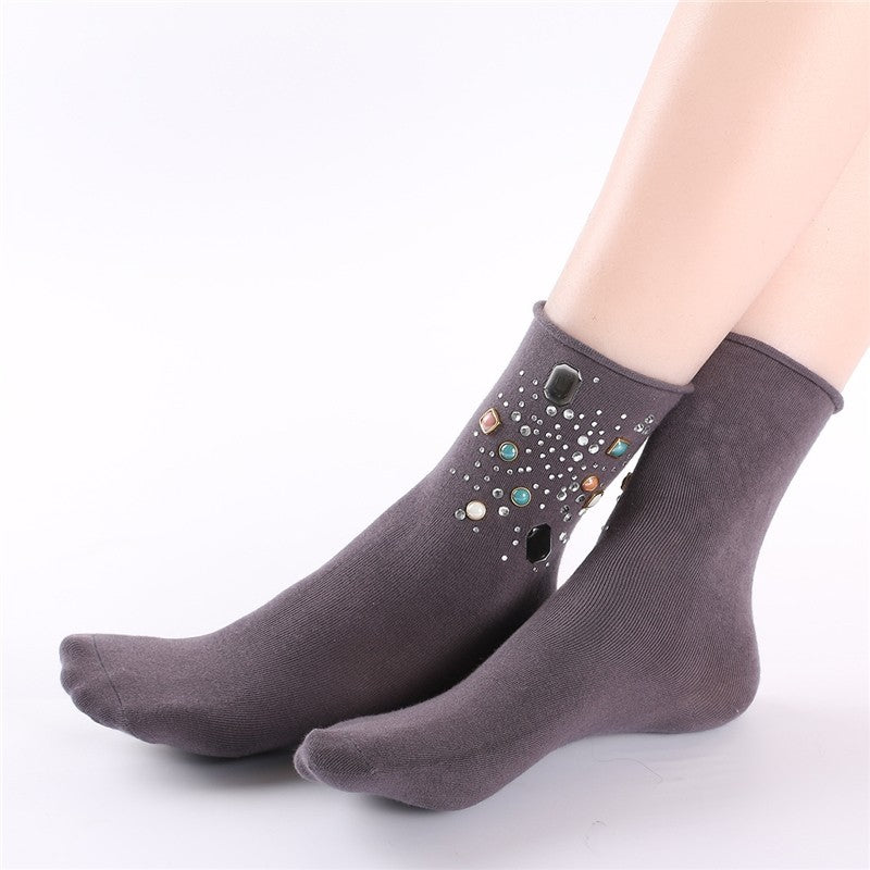 Solid Color Rhinestone Embellished Ankle Socks