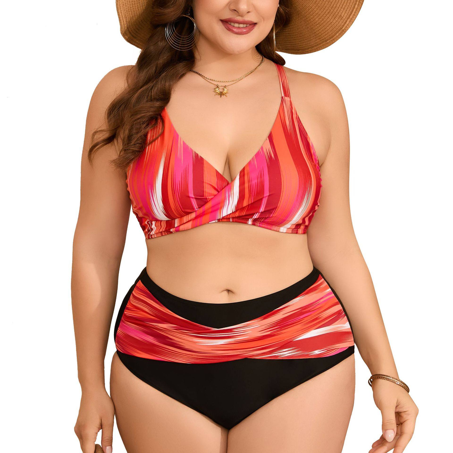 Women's Plus Size Striped Bikini With Cross Straps