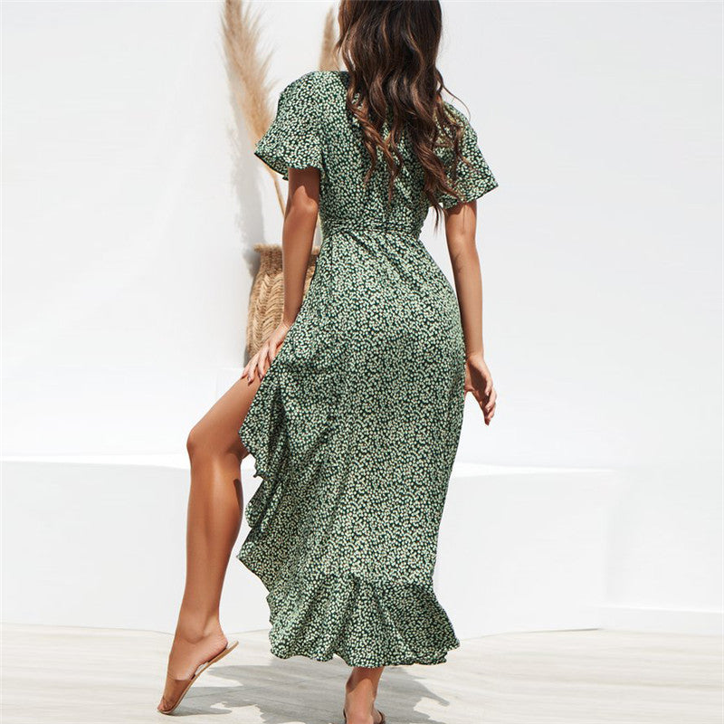 Casual Women V Neck Irregular High Waist Chiffon Long Dresses