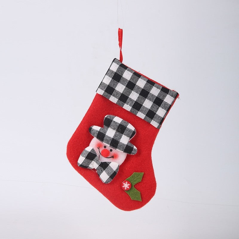 Black White Plaid Cute Cartoon Patchwork Christmas Sock Gift Bag