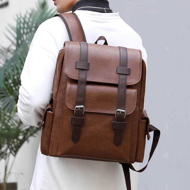 Stylish Men’s PU Leather Laptop Backpack – Large Capacity School & Travel Bag