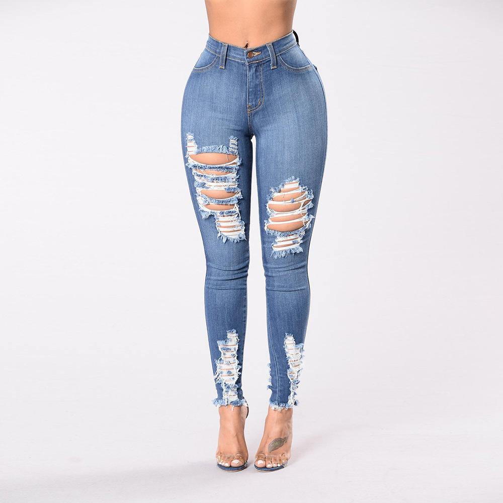 Women Sheath Elastic Broken-holes Jeans-STYLEGOING