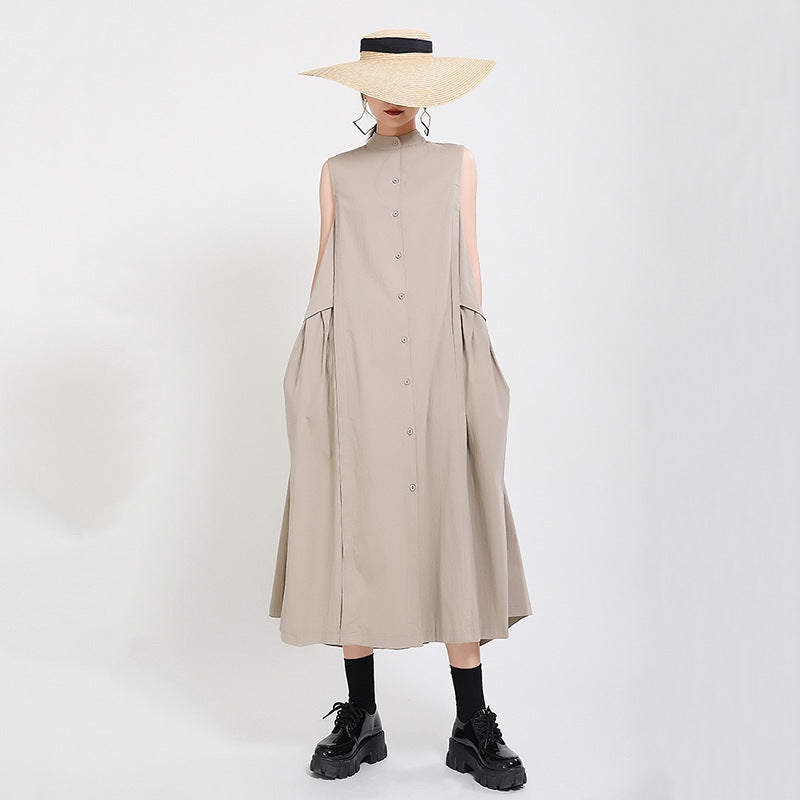 Elegant High Neck Linen Sleeves Women Long Dresses-Dresses-Khaki-One Size-Free Shipping at meselling99