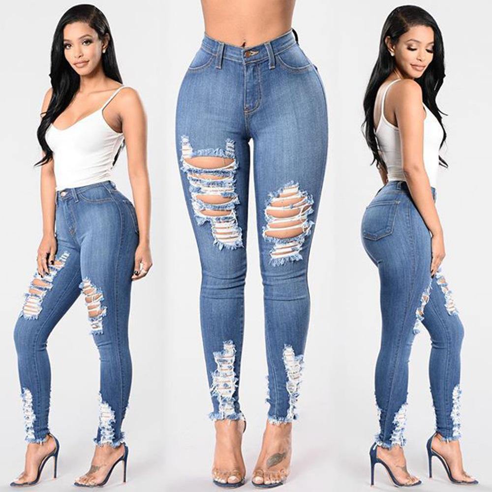 Women Sheath Elastic Broken-holes Jeans-STYLEGOING