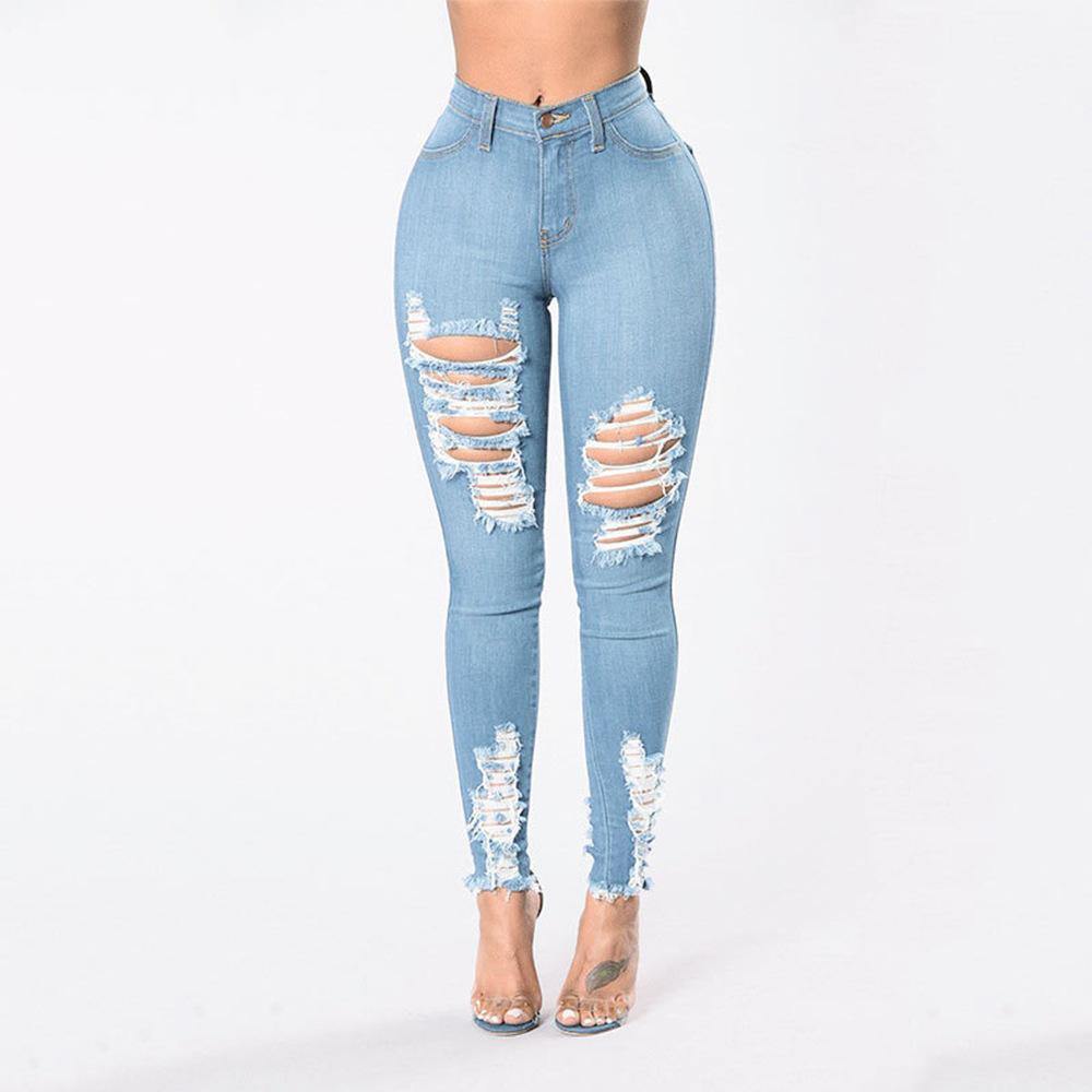 Women Sheath Elastic Broken-holes Jeans-STYLEGOING
