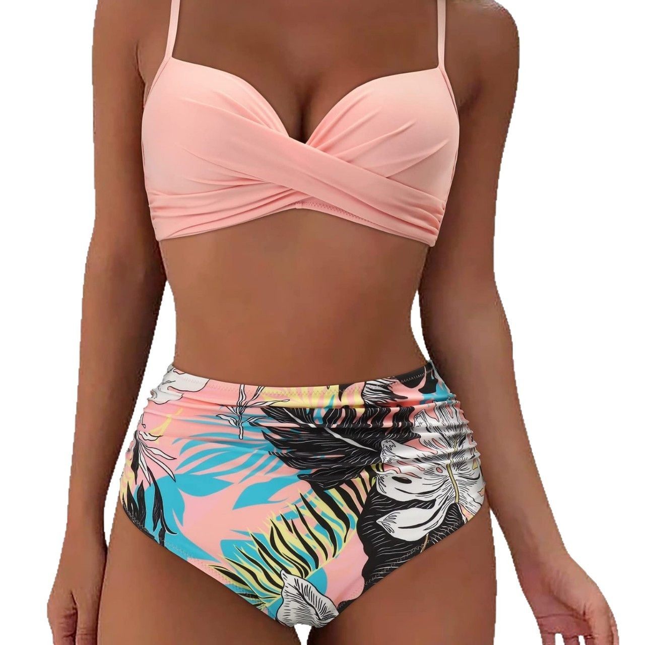 Cross-Back Bikini High-Waist Swimsuit Solid Color