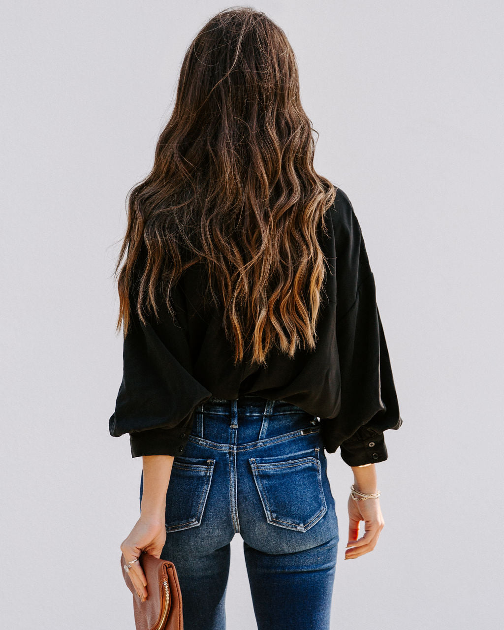 No Effort Puff Sleeve Button Down Blouse - Black