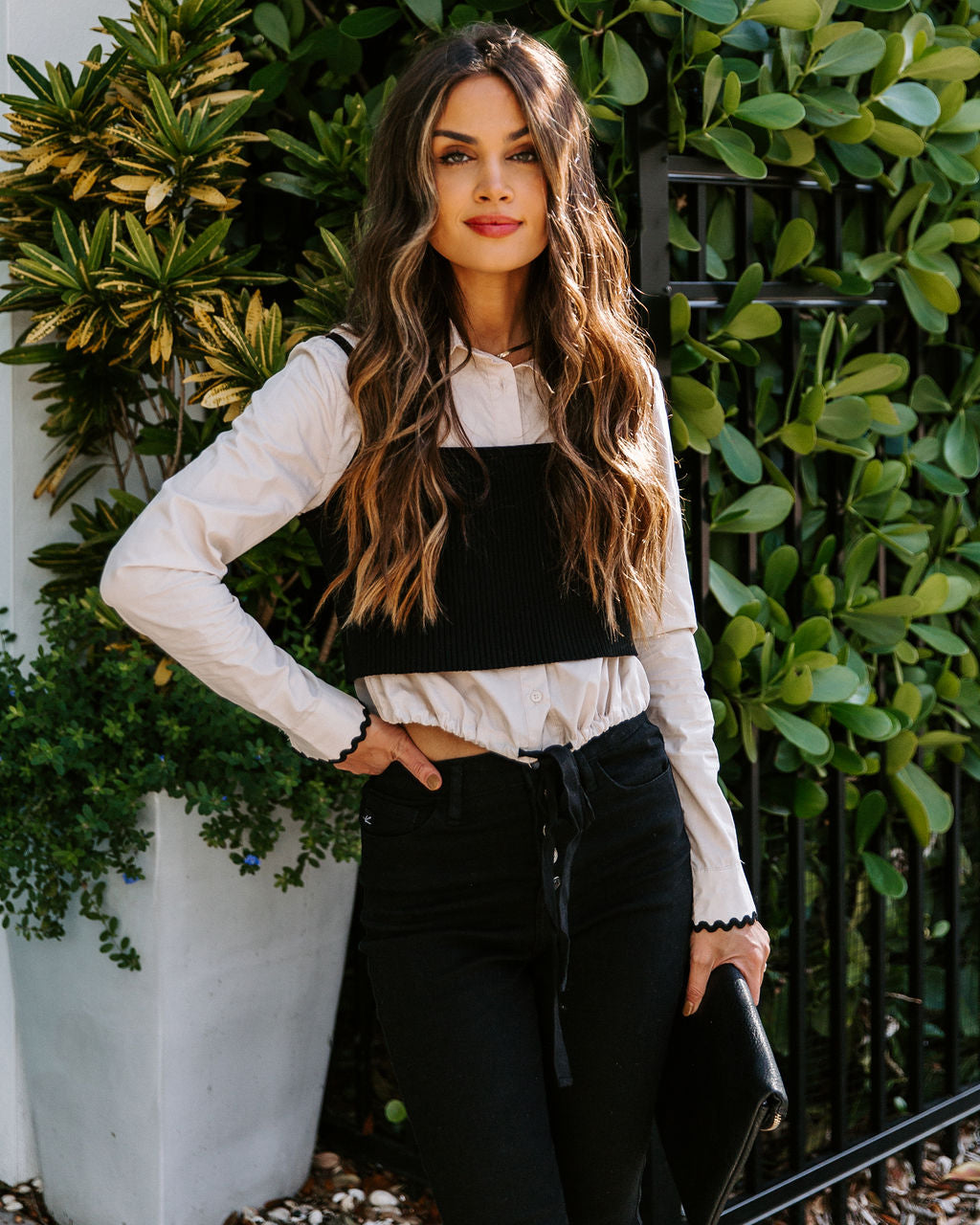 Fifi Contrast Button Down Crop Knit Cami Top