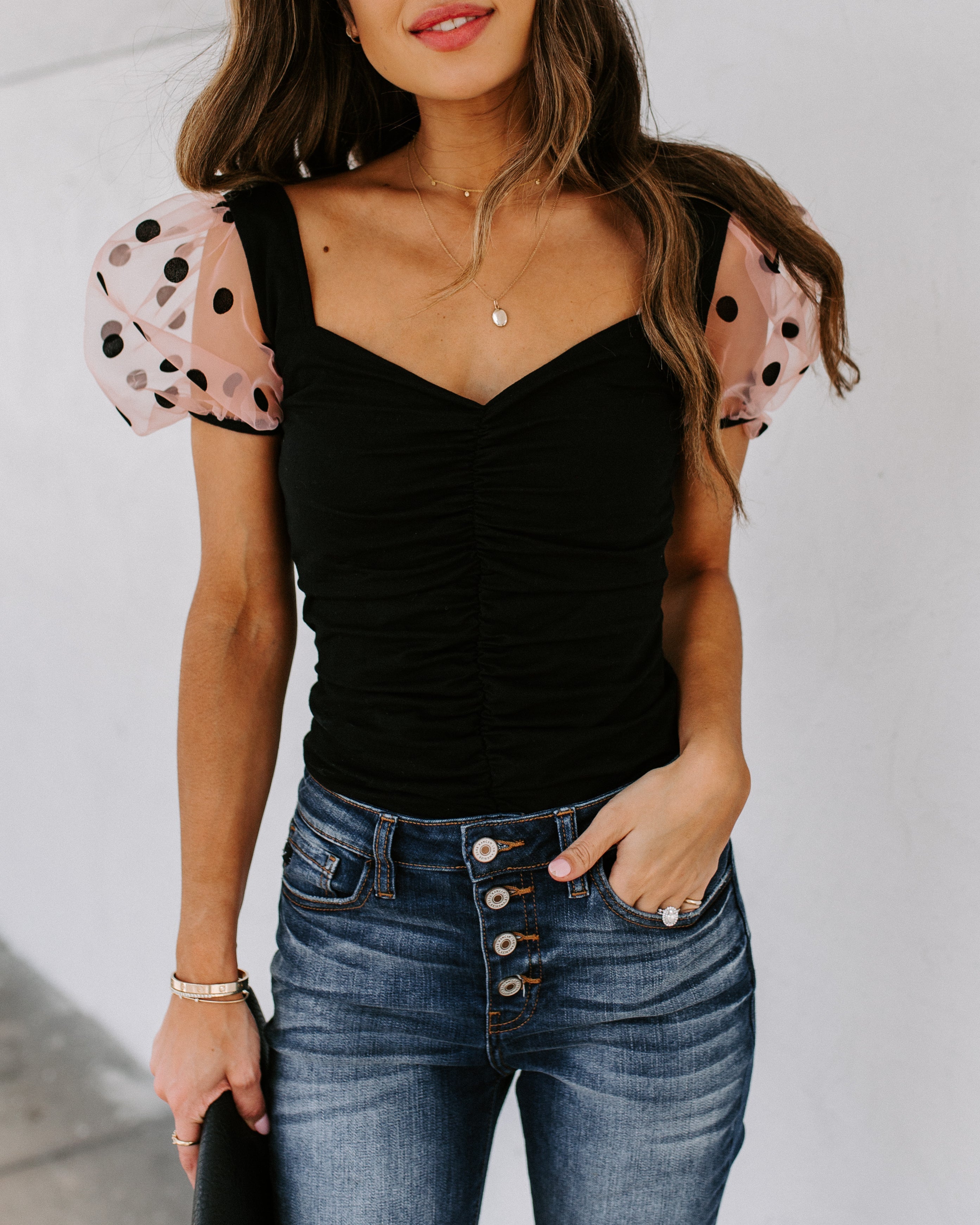 Minnie Ruched Puff Sleeve Bodysuit