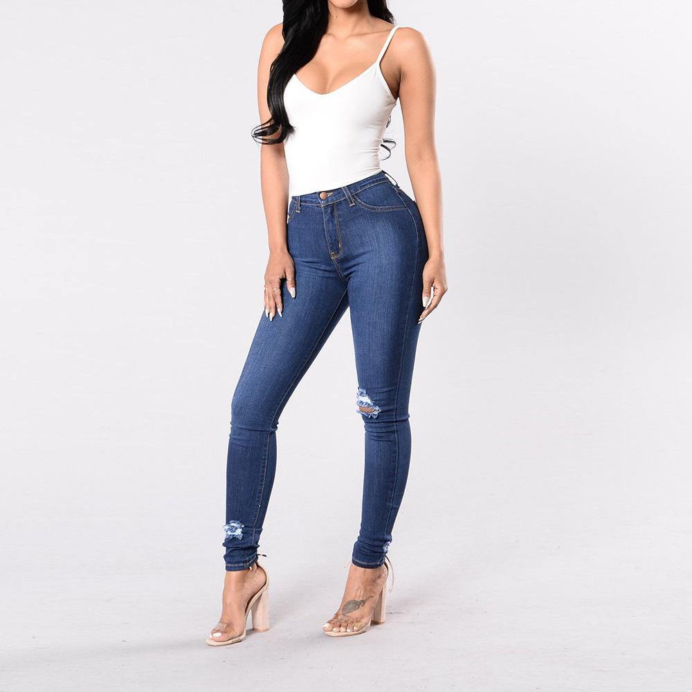 Women Elastic Broken Hole Jean Pants-STYLEGOING