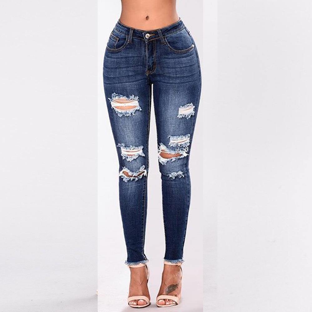 Women Elastic Broken Hole Jean Pants-STYLEGOING