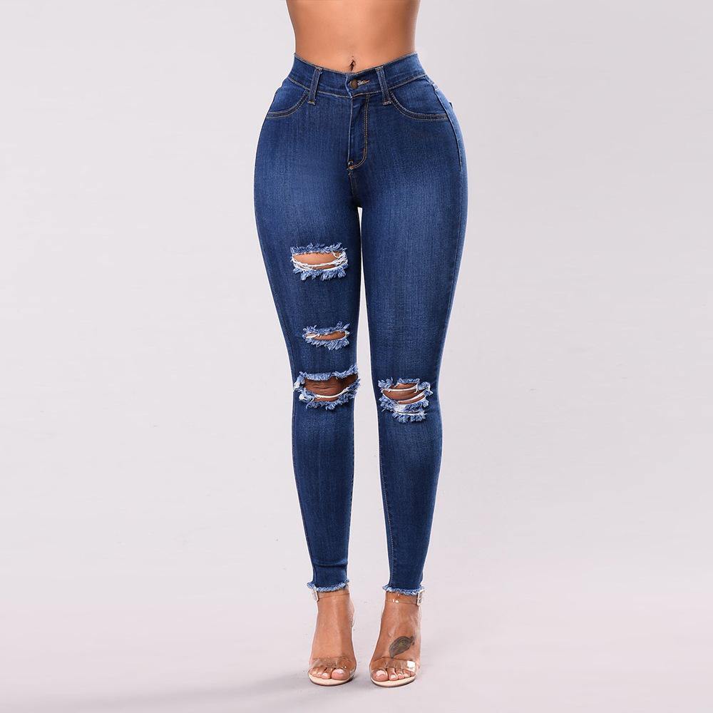 Women Elastic Broken Hole Jean Pants-STYLEGOING