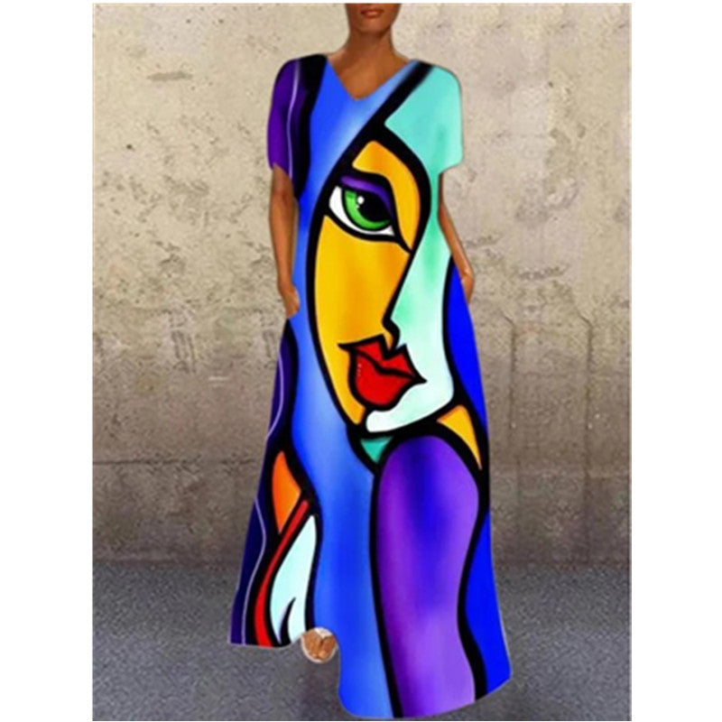 Summer Abstract Face Print Women Long Maxi Dresses