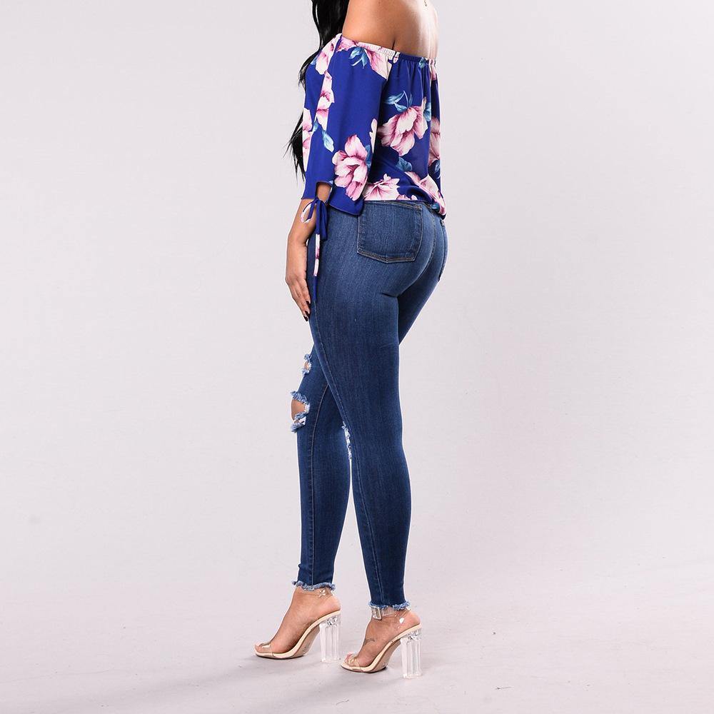 Women Elastic Broken Hole Jean Pants-STYLEGOING