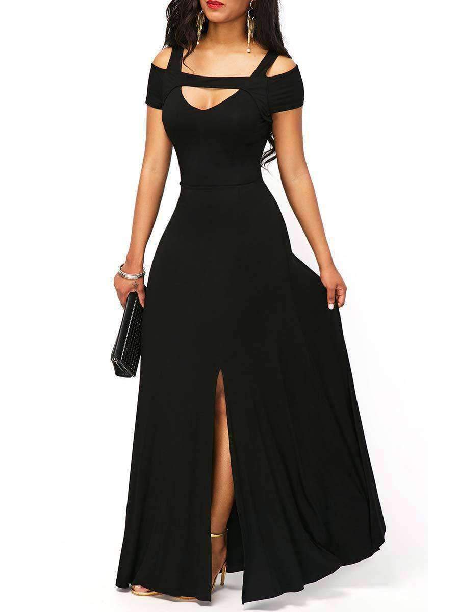 Sexy Backless Square Neck Short Sleeve Maxi Dresses-Maxi Dresses-Black-S-Free Shipping at meselling99