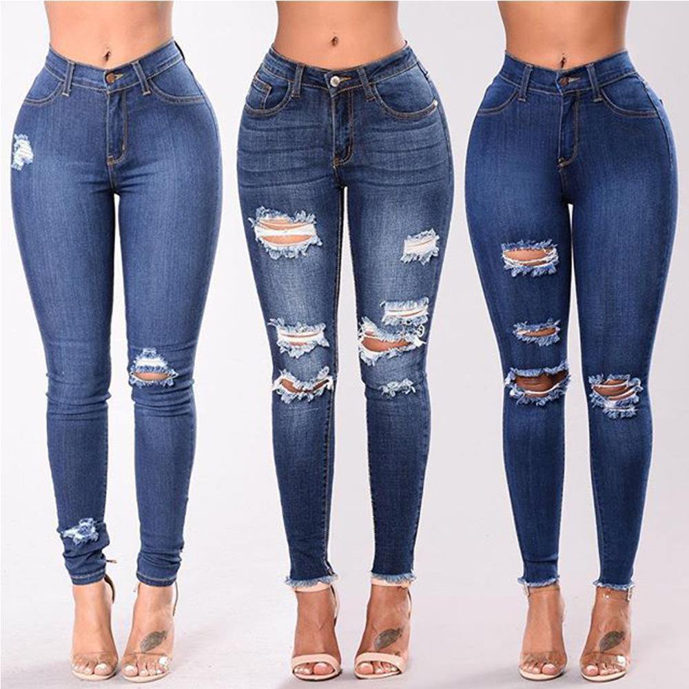 Women Elastic Broken Hole Jean Pants-STYLEGOING