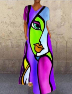 Summer Abstract Face Print Women Long Maxi Dresses