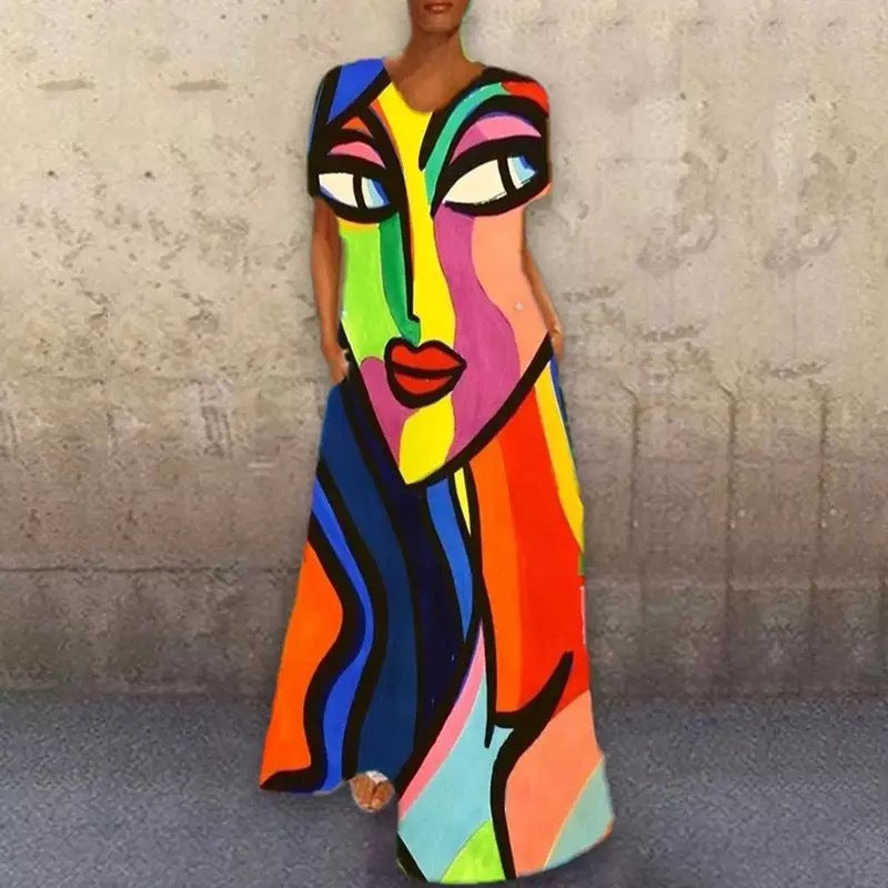 Summer Abstract Face Print Women Long Maxi Dresses