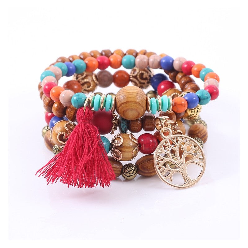 Wood Bead Tassel Bracelet Set